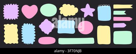 Set of pastel hand drawn irregular shapes. Heart, ster, circle, rectangle stickers. Simple labels, boxes, frame pack for scrapbooking design. Stock Vector