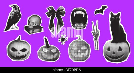 Set of retro halftone Halloween stickers. Dotted effect pumpkins, skull, black cat, raven, vampire mouth, bat, spider, ribbon. Gothic collage elements Stock Vector