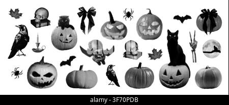 Vintage Halloween collage elements set. Halftone textured silhouettes of scary pumpkins, skull, cat, bats, ravens, spiders, candle, crow. Spooky atmos Stock Vector