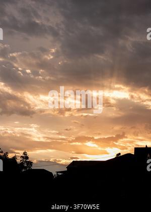 Sunset sky with golden clouds above dark silhouettes of rooftops and trees. Sunlight beams pierce through thick clouds Stock Photo
