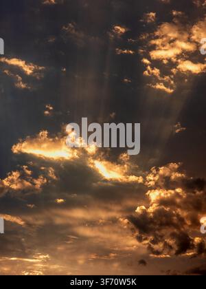 Sunlight breaks through dramatic, golden clouds at sunset. Rays shine down through dark, textured cloud formations Stock Photo
