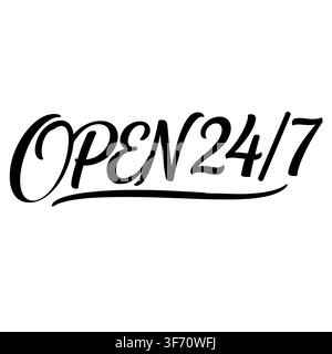 Open 24/7 hand lettering isolated vector sign Stock Vector