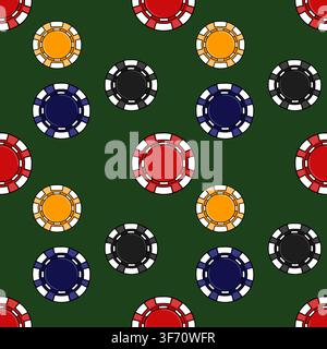 Seamless vector pattern with colorful casino poker chips on a dark green background Stock Vector