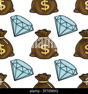 Seamless vector pattern with cartoon money bags and sparkling diamonds for casino theme Stock Vector
