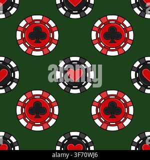 Casino poker chips seamless pattern vector illustration with red and black suits Stock Vector