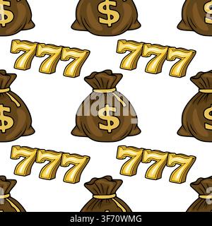 Casino seamless pattern vector with golden 777 lucky numbers and brown money bags with dollar signs Stock Vector