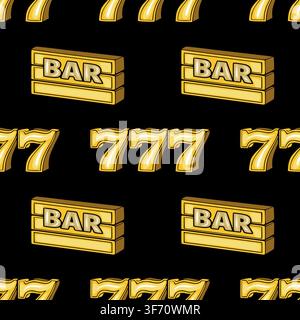 Casino slot machine seamless pattern vector with golden 777 lucky numbers and BAR symbols on black background Stock Vector