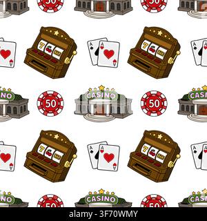 Casino seamless pattern vector with slot machines playing cards and chips Stock Vector