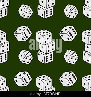 Seamless vector pattern with white casino dice on a dark green background Stock Vector