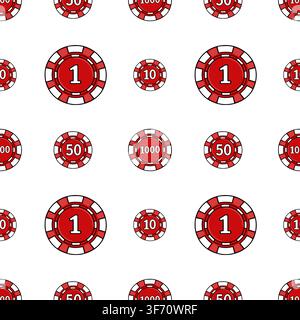 Seamless vector pattern with red casino poker chips of various denominations on a white background Stock Vector