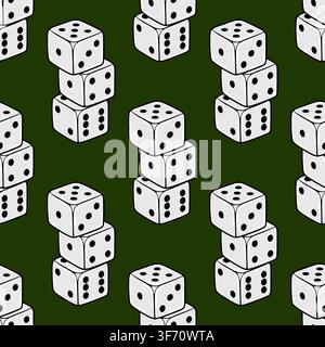 Seamless vector pattern with stacked white casino dice on a dark green background Stock Vector