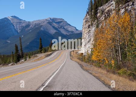 A scenic paved highway winding through Kananaskis Provincial Park during autumn with a steep rock cliff and vibrant yellow foliage Stock Photo