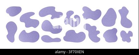Pastel purple gradient colored irregular shapes set with grainy texture. Noisy effect liquid elements. Stock Vector