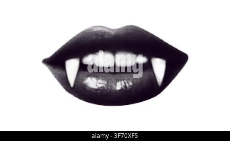 Halftone lips with sharp vampire fangs in gothic pop art style. Vintage collage element, horror mouth clip art. Retro dot textured sticker. Stock Vector
