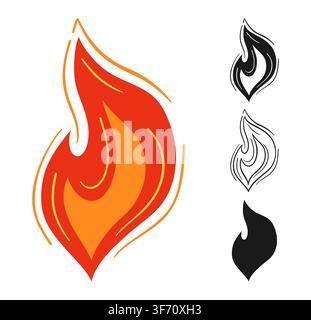 Flame and bonfire doodle icon set. Cartoon campfire, fireball, candle wildfire and blaze silhouette symbols for logo, branding and graphic design. Vector illustration collection Stock Vector