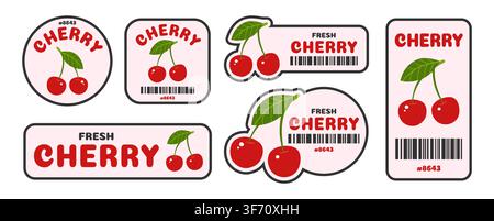 Cherry label set. Trendy barcode retro badges with organic fresh berry or fruit quality tag for supermarket, farm shop and grocery store packaging. Cartoon flat sticker design. Vector illustration Stock Vector