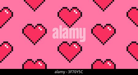 Pixel art seamless pattern. Retro 8-bit love heart icon on pink background. Romantic wallpaper, nostalgic backdrop for Valentine’s Day. Stock Vector