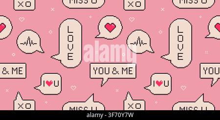 Pixel art love speech bubble seamless pattern for Valentine’s Day design. Retro romance text message background. Stock Vector
