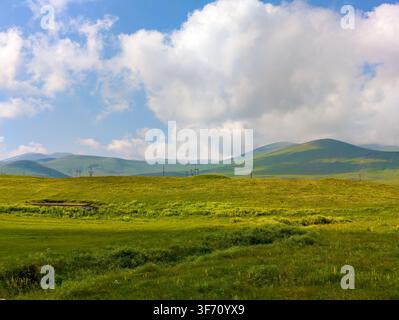 Vast green meadow with yellow wildflowers under bright blue sky. Rolling hills in background, soft clouds above Stock Photo