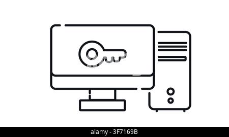 Desktop computer tower and monitor with key unlock symbol on screen vector icon. Black line art style on white background. Stock Vector