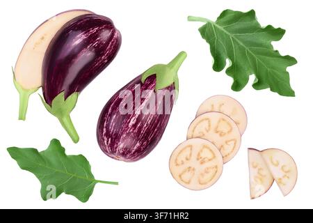 striped eggplant graffiti isolated on white background with full depth of field. Top view. Flat lay Stock Photo