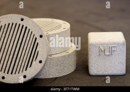 Multi Jet Fusion 3D Printed Prototype Parts with MJF Sample Cube Stock Photo