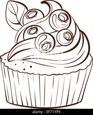Blueberry muffin botanical vector contour drawing vignette, graceful monochrome bakery illustration for pastry packaging, cafe branding, menus and Stock Vector