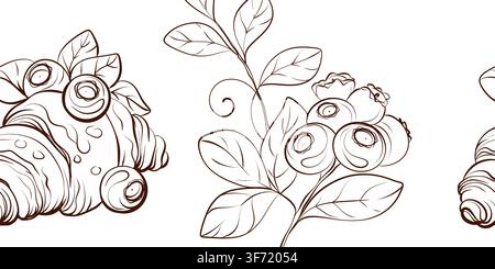 Blueberry and croissant seamless vector border, botanical fine line illustration for bakery packaging, cafe branding, pastry boxes, menus and Stock Vector
