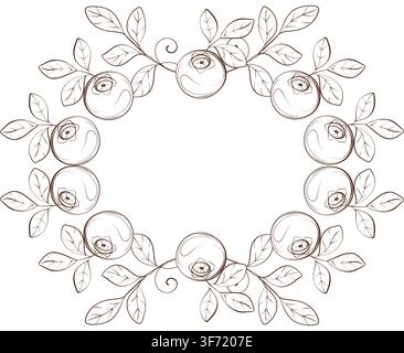 Blueberry oval botanical vector wreath with ripe berries and foliage, refined black ink illustration for yogurt packaging, cosmetic labels, branding Stock Vector