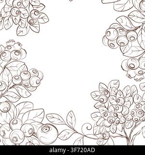 Blueberry square botanical vector frame with berries and leafy branches, elegant contour illustration for product cards, packaging, branding and Stock Vector