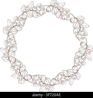 Blueberry round botanical vector wreath with berries and leafy branches, graceful fine line illustration for logos, round labels, branding and Stock Vector