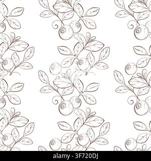 Blueberry vertical seamless vector pattern with berries and elegant foliage, black ink botanical line drawing for luxury packaging, textiles and Stock Vector