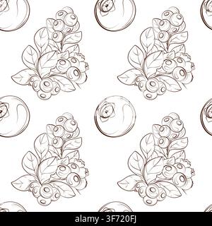 Blueberry seamless vector pattern with berries and leaves, elegant contour botanical illustration for cosmetics, packaging, textiles and wrapping Stock Vector