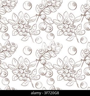 Blueberry seamless vector pattern with berries, leaves and branches, refined monochrome botanical line drawing for packaging, textiles and surface Stock Vector