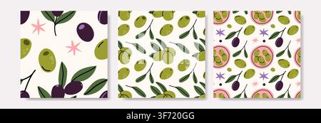 Set of three hand drawn seamless patterns with green and black olives, leafy branches, and bowls on white background. Stock Vector
