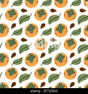Seamless pattern with orange persimmon fruits, green leaves, and brown seeds in hand drawn flat vector doodle style. Stock Vector