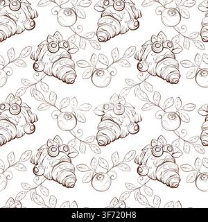 Blueberry and croissant seamless vector pattern, elegant botanical fine line illustration for bakery packaging, cafe branding, pastry boxes and Stock Vector
