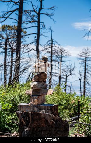 A stacked stone cairn balances atop a charred tree stump against a backdrop of tall pines and blue sky. Stock Photo