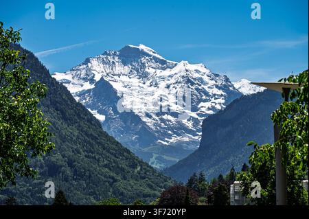 A glaciated alpine peak rises above forested valley slopes under a clear blue sky in the Swiss Alps. Stock Photo