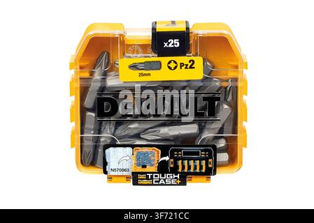 Toolbox shows clear container holding 25 PZ2 screwdriver bits made by DeWalt. Bits are 25mm long and are organized neatly for easy access. Isolated on Stock Photo