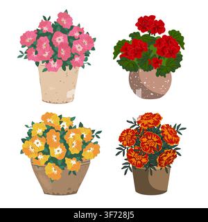 Set of Flowers Potted in the earthenware pottery. Patio or Balcony decorative elements collection isolated on a white background. Vector illustration Stock Vector