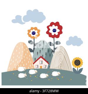Cartoon Scandinavian landscape with cottage surrounded by mountains and flowers. Vector illustration. Stock Vector