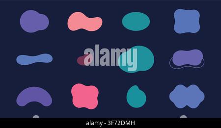 Abstract fluid shapes, liquid blobs, and organic design elements vector set isolated on dark background. Stock Vector