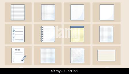 Vector notebook papers, grid paper, lined sheets, and to-do list icons set isolated on light background. Stock Vector