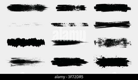 Black grunge brush strokes, paint stripes, ink smears, and splatter vector set isolated on light background. Stock Vector