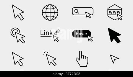 Vector mouse cursors, hand pointers, web symbols, and interface icons set isolated on light background. Stock Vector