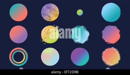 Colorful gradient circles, watercolor blobs, halftone dots, and abstract shapes vector set on dark background. Stock Vector