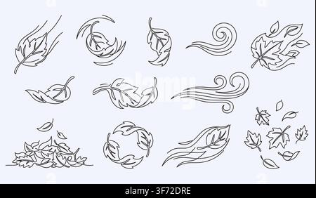 Line art vector falling autumn leaves, wind flow, and blowing foliage set isolated on light background. Stock Vector