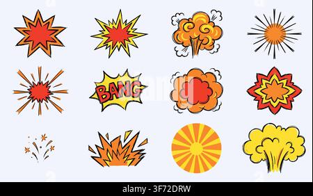 Comic book explosions, boom effects, burst stars, and bang elements vector set isolated on light background. Stock Vector