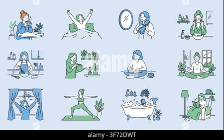 Vector morning routine, self-care activities, daily habits, and healthy lifestyle illustrations set isolated on light background. Stock Vector